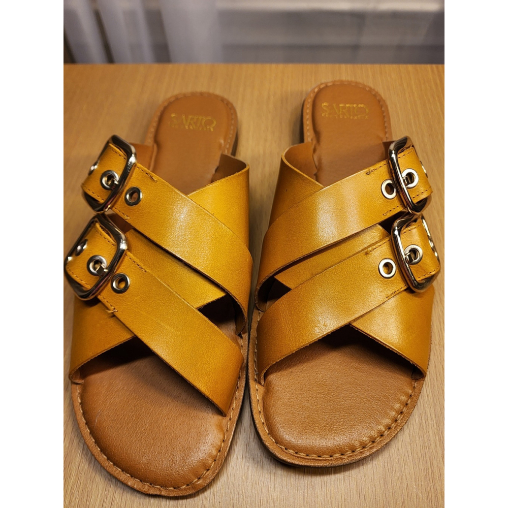 Franco Sarto Women's Honey Yellow Brown LEATHER Belted Sandals SZ 9.5 M - Picture 10 of 11